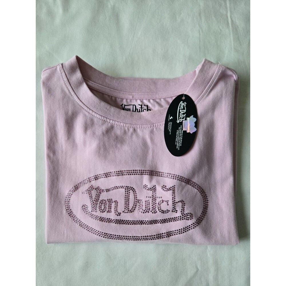 Von Dutch Women's Pink T-shirt Rhinestone Logo Size L Short Sleeve